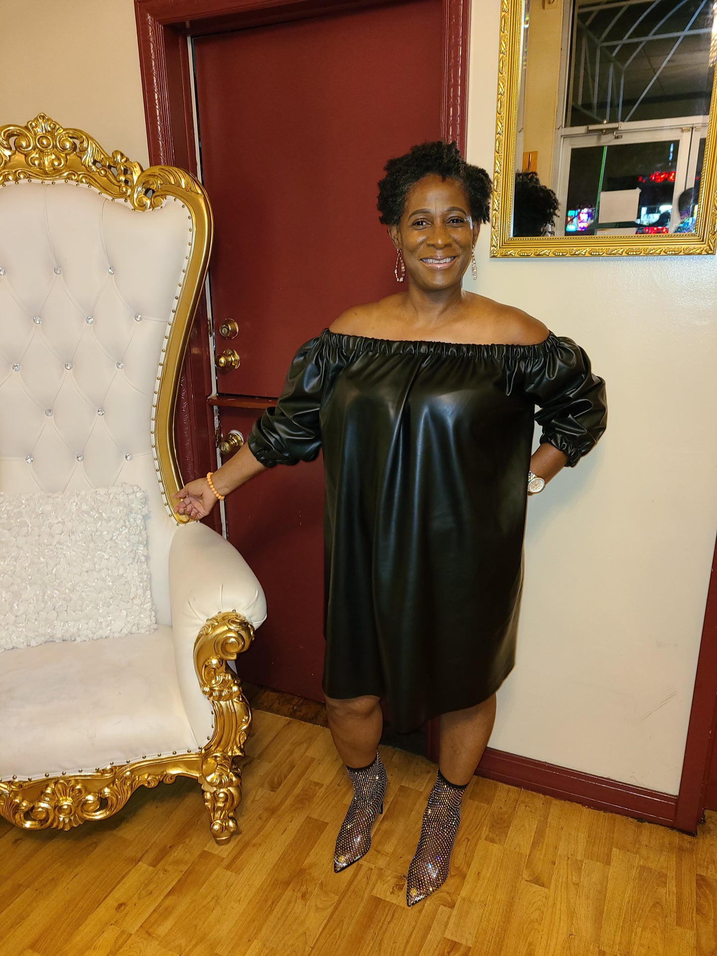 Off shoulder faux leather dress