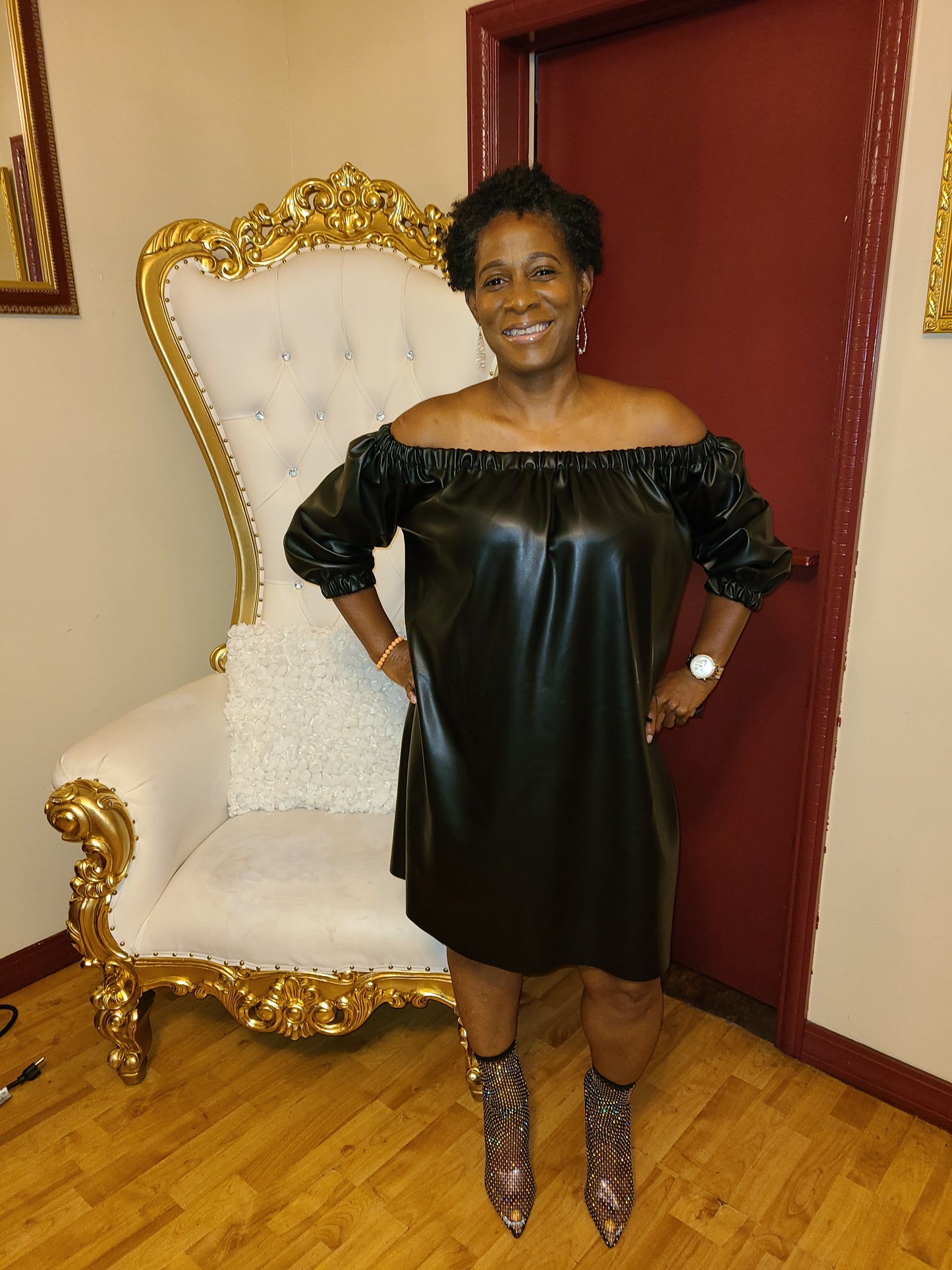 Off shoulder faux leather dress