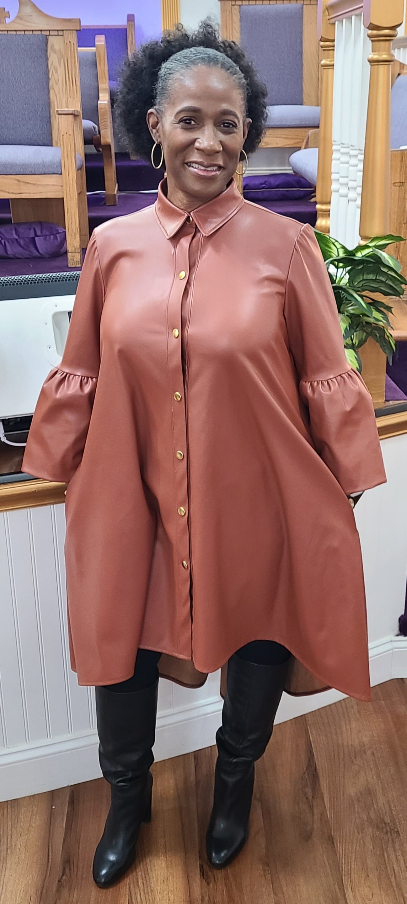 Faux leather shirt dress